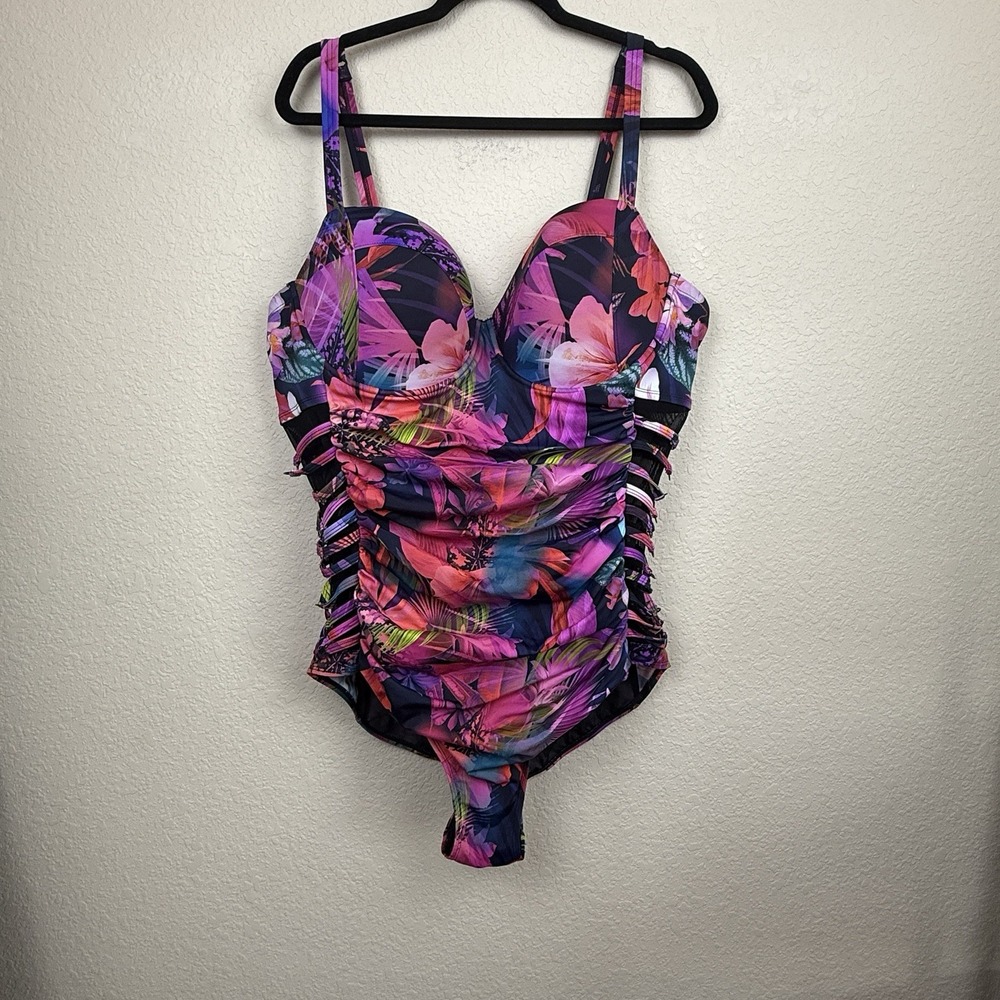 Torrid Slim Fix Underwire Lattice Side One Piece Swimsuit Tropical 3X DD/F